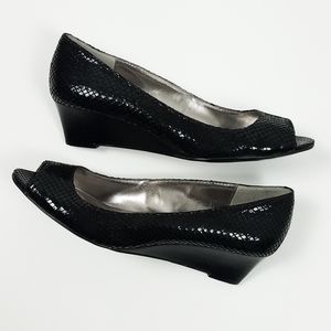 Calvin Klein Bree Wedge Black Snake print peep toe